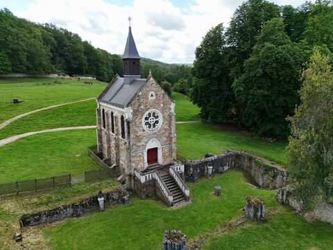 Chapel of Port Royal des Champs in the town of Magny les Hameaux in the Chevreuse valley in France. Aerial view from a drone