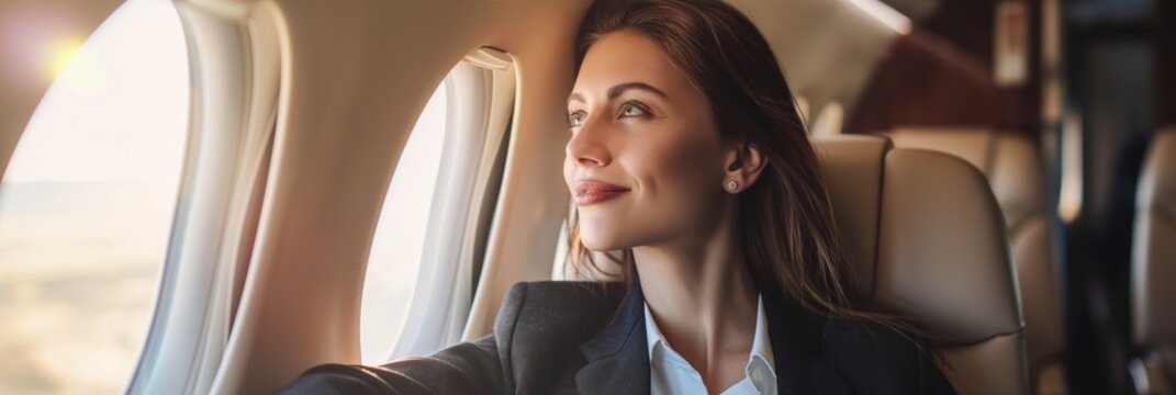 A contemplative woman gazes out an airplane window, with a reflection of her thoughtful face on the glass