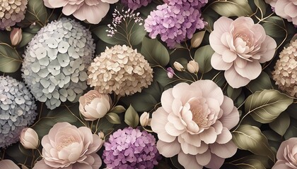 luxury wallpaper floral background seamless pattern delicate romantic flowers hydrangea pink beige purple white gypsophila green leaves watercolor 3d illustration texture good cloth paper - Powered by Adobe
