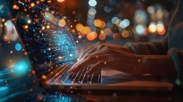 Business, Finance and Investment Concept : Person's hands typing on laptop with digital data