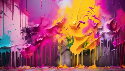part of colorful wall with graffiti spray strokes pink purple yellow color splash flows streaks of...