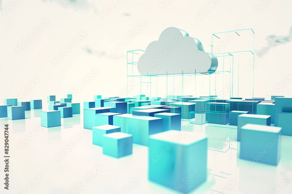 Poster digital illustration of cloud technology with data flow, symbolizing cloud computing, online storage, and the connectivity of modern digital networks, Generative AI