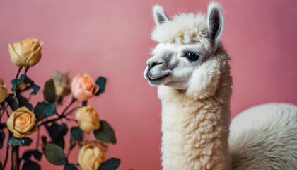 Obraz premium Soft alpaca plushie doll. Craft crocheted toy for kids. Handmade llama standing on pink background.