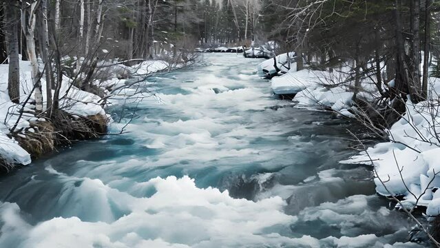 Streams and rivers swell with icy blue water overflowing their banks as the spring thaw continues.