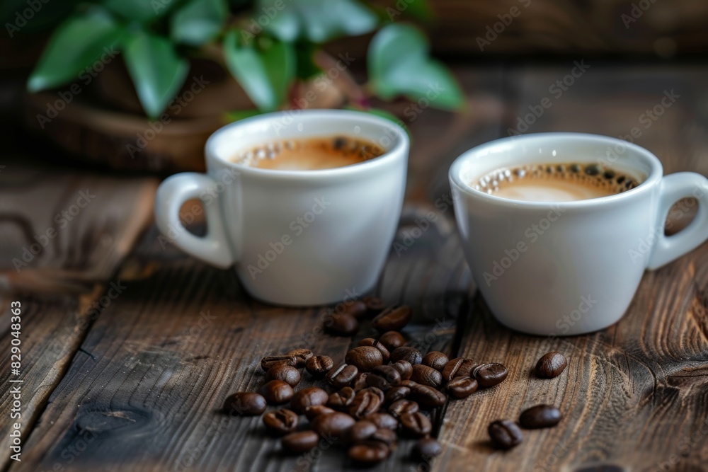Aufkleber two cups of coffee placed on a wooden table. generative ai