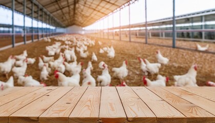 empty wooden table for product display with blurry chicken farm background