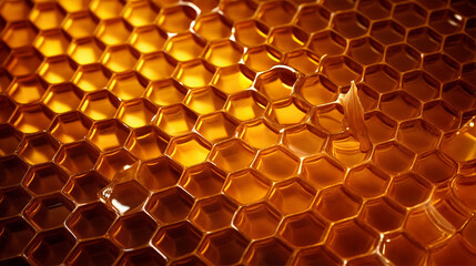 A close-up of a honeycomb pattern, each hexagon filled with golden honey