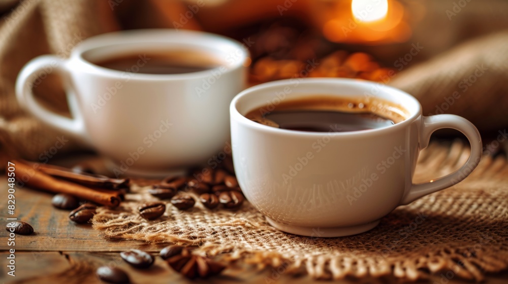 Poster A pair of coffee cups resting on a table, filled with aromatic coffee. Generative AI