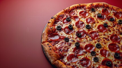 Pepperoni Pizza With Black Olives on Red Background