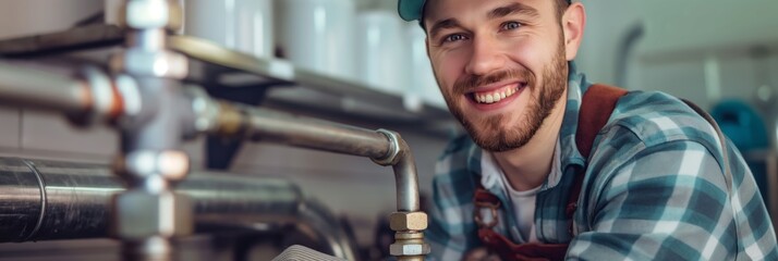 Cheerful male plumber in workwear smiles while repairing pipes, displaying professional service and skill