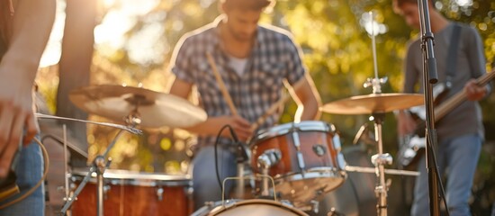 Band members play musical instruments in an outdoor setting with deliberate focus on the drum set