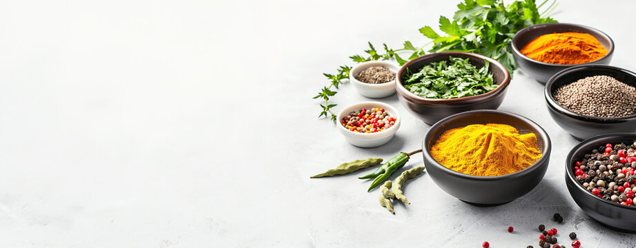Assorted spices in black bowls on a light surface, with herbs and a green chili.