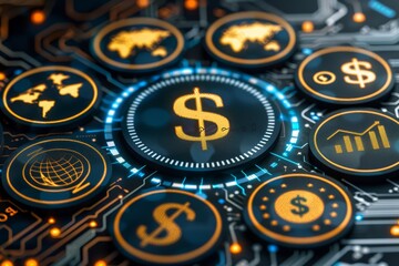Digital finance network with dollar symbols and global icons, highlighting the integration of technology in the financial industry and the modern digital economy, Generative AI