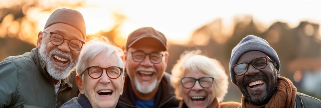 A group of joyful senior friends laugh heartily together in an outdoor setting, exemplifying friendship