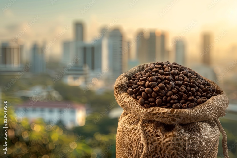 Poster a burlap sack filled with coffee beans placed in front of a bustling city skyline. generative ai
