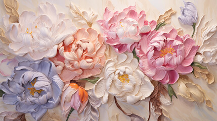 Decorative volumetric composition of flowers, oil painting. Illustrations created using artificial intelligence. Illustrations and Clip Art AI generated.