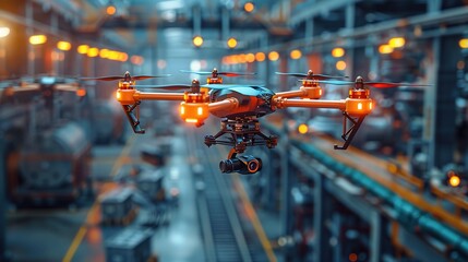 industrial factory with colorful drones hovering overhead, assisting with inventory management and surveillance