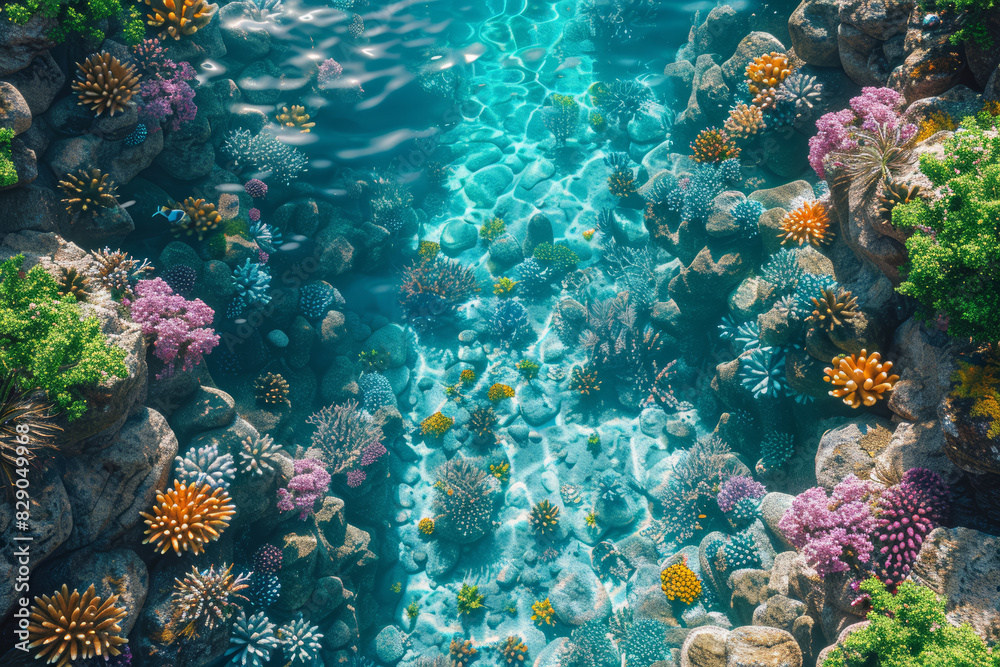 Sticker top-down view of a colorful coral reef in clear blue water. concept of marine life and ecological di