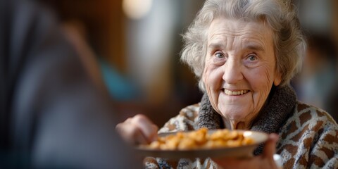 An elderly woman with a joyful expression is being served a plate of food