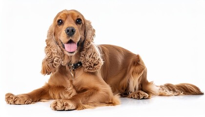 a sitting happy brown cocker spaniel dog isolated on a white background