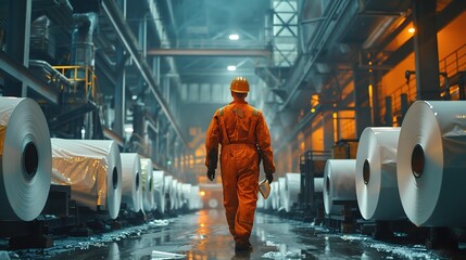 industrial worker in a boiler suit operating heavy machinery in a paper mill, with rolls of paper 