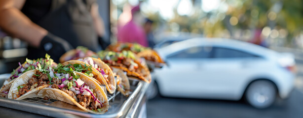 Fresh tacos on a tray with vibrant toppings in an outdoor setting with blurred background.