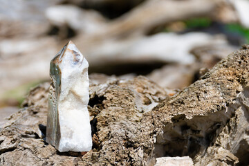 An image of a single healing crystal geode tower resting on driftwood.