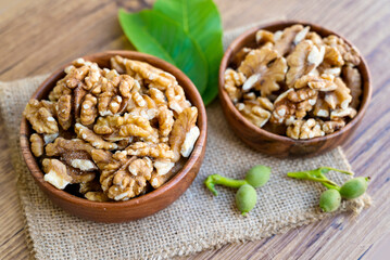 Raw Walnuts in a wooden bowl