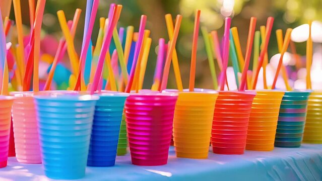 A colorful array of straws and cups are set out on the table waiting to be used for tasting the final juice creations.