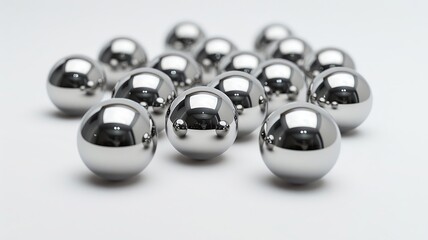 Strong magnet attracting polished steel balls on white background