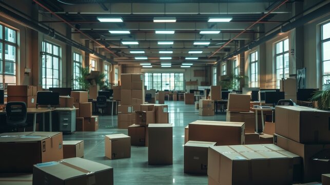 Office space filled with moving boxes during a corporate relocation 