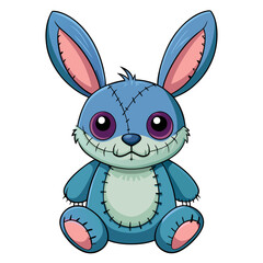 Blue stuffed bunny with stitches on face sitting on white background