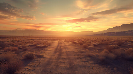 Fototapeta premium Lifeless desert at sunset. Illustrations created using artificial intelligence. Illustrations and Clip Art AI generated.