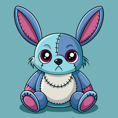 Cartoon bunny with blue and pink colors on a blue background, happy expression