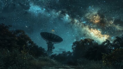 Fototapeta na wymiar Night sky aglow with stars and a grand radio telescope amidst nature