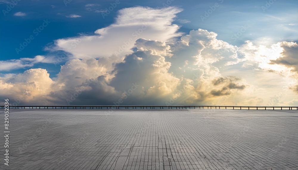 Poster panoramic dark floor background with beautiful cloud horizon sky