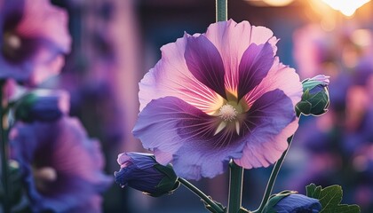 purple hollyhock flower closeup