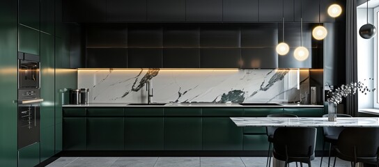 Modern black and green kitchen interior showcasing glossy black upper cabinets, dark green lower cabinets, and elegant white marble countertops