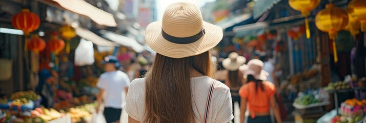 A woman in a hat wanders through a bustling market street, absorbing the local atmosphere and culture