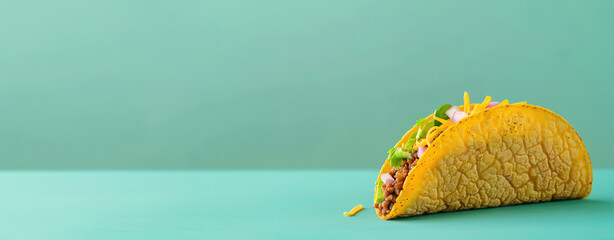 A vibrant taco with fresh toppings on a clean turquoise background.