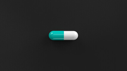 White turquoise single pill isolated on a black background. Tablet, pill capsule top view, flat lay. 3d render illustration 