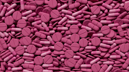 Magenta tablets fill the screen, pills background . Drugs, pills, tablets, medicine concept. 3d render illustration