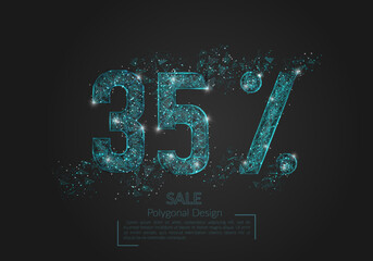 Abstract isolated blue 35 percent sale concept. Polygonal illustration looks like stars in the black night sky in space or flying glass shards. Digital design for website, web, internet.