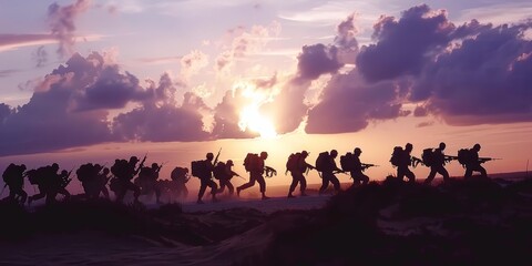 Silhouetted soldiers marching at sunset, capturing the essence of military operation, teamwork, and dedication of troops on a mission in a battlefield setting, Generative AI