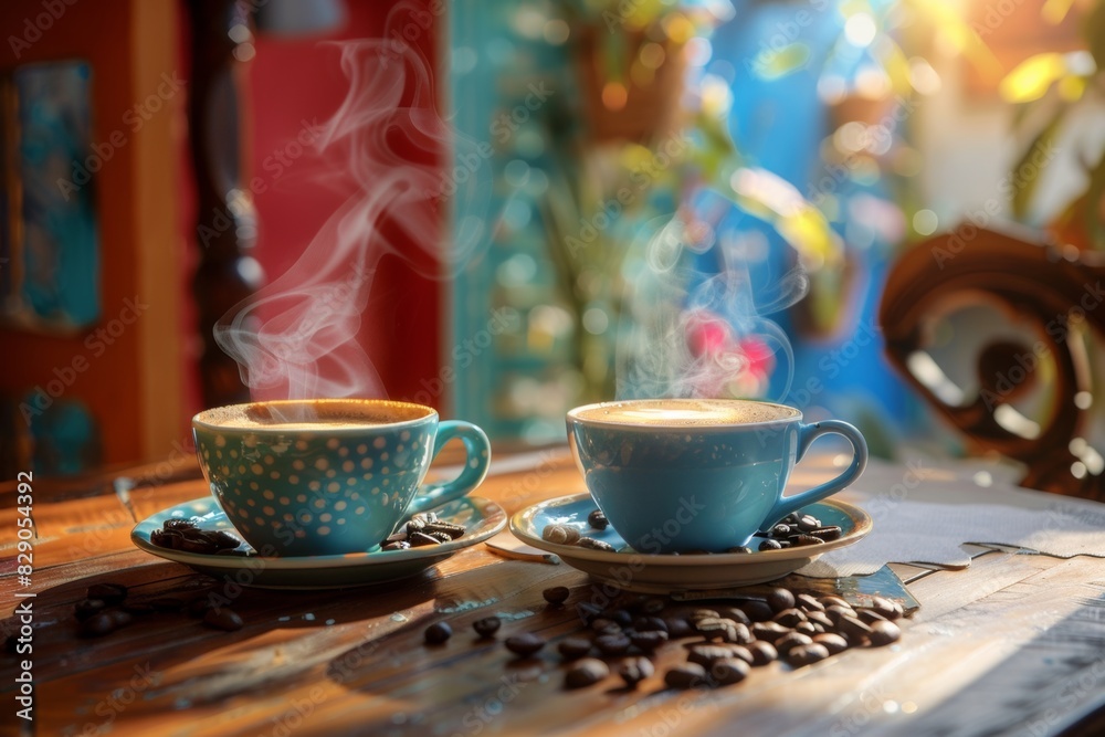 Aufkleber two cups filled with coffee placed on a wooden table. generative ai