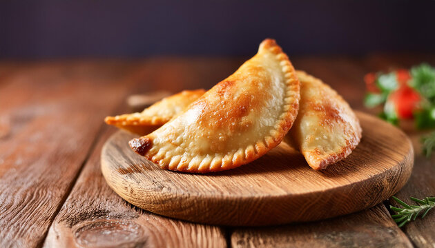 Traditional fried empanadas on wooden board. Tasty fast food. Appetizing snack. Culinary concept