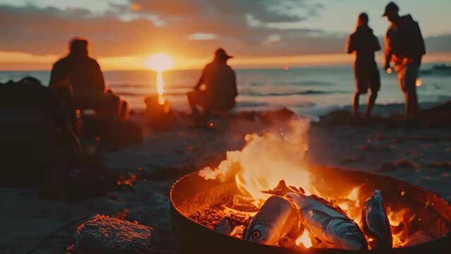 As the sun dips below the horizon a group sits around a beach fire pit swapping stories and cooking up a storm with their catch of the day.