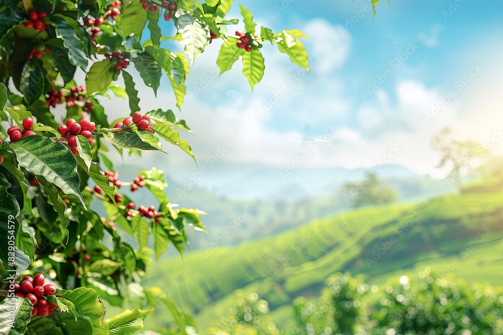 Poster a view of a tea plantation with vibrant red berries growing on the bushes. generative ai