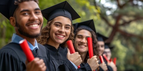 Group of multiethnic graduates smiling and holding diplomas, celebrating graduation outdoors