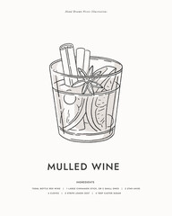 Mulled wine. Alcoholic cocktail with orange, star anise and cinnamon sticks in glass. Traditional winter hot drink with spices and fruits for Christmas holiday. Illustration for drinks cards, bar.